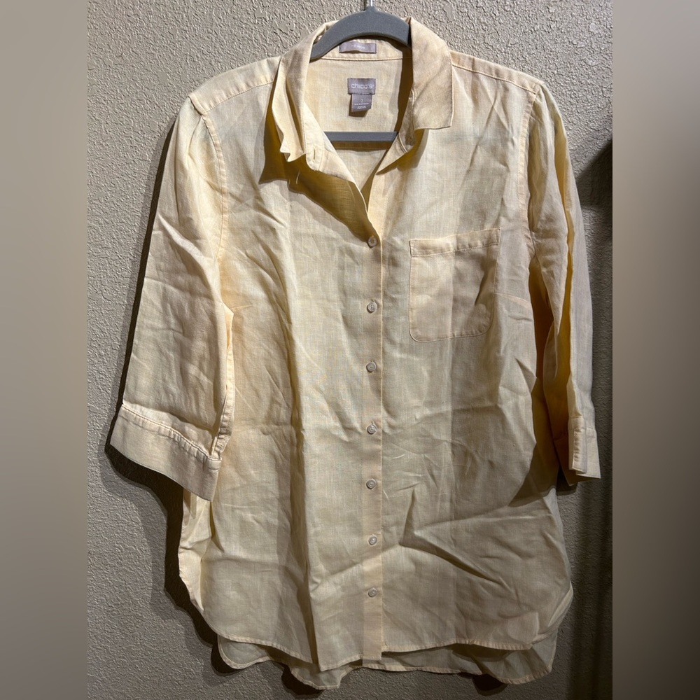 Chico’s No-Iron Yellow 3/4 Long Sleeves. Botton front shirt